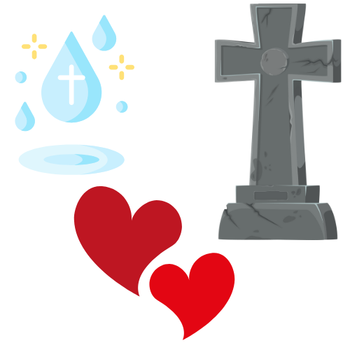 dråber med kors, 2 røde hjerter, gråt kors