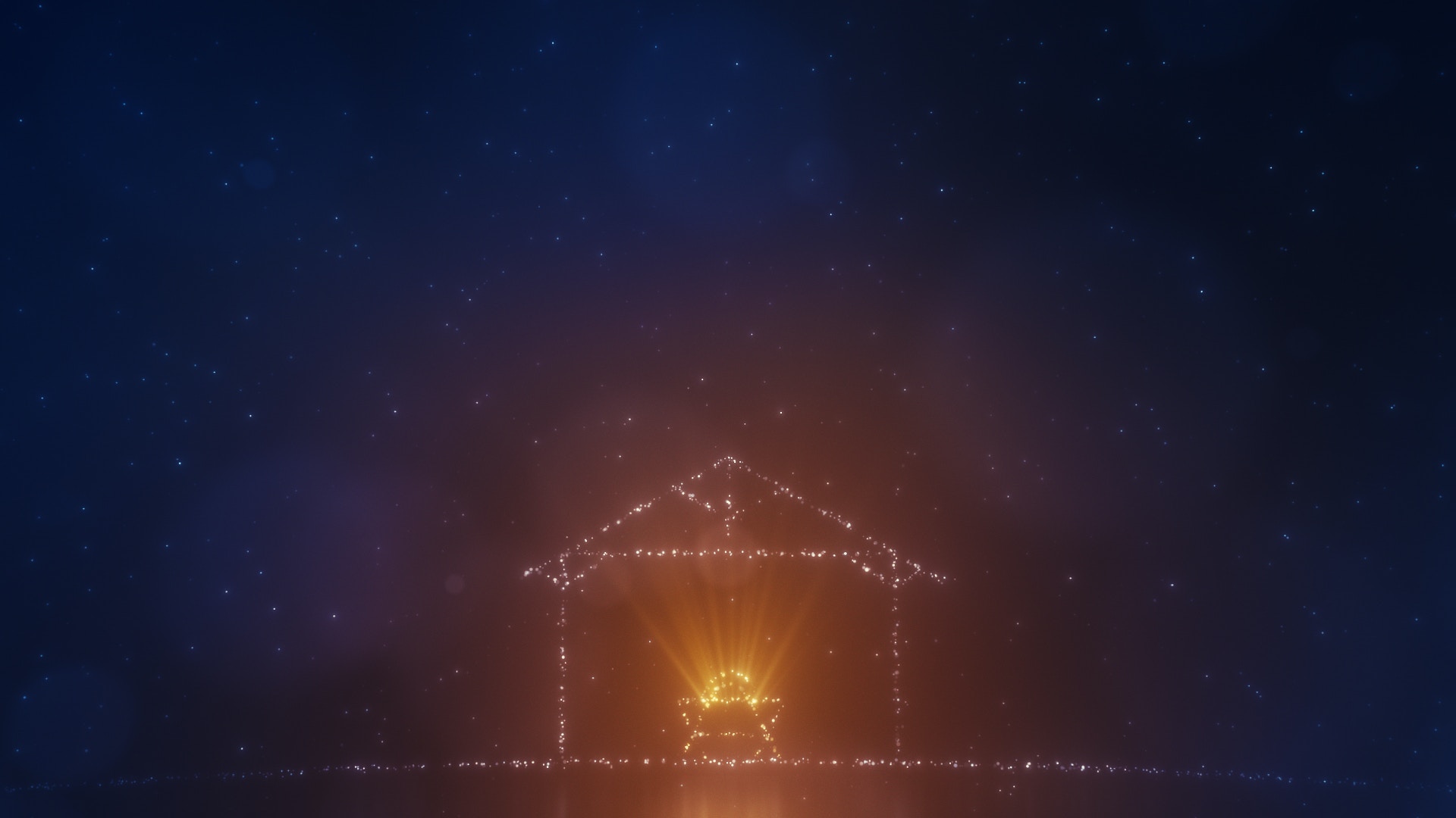 Lysende stald og krybbe med barn på blå nattehimmel med stjerner